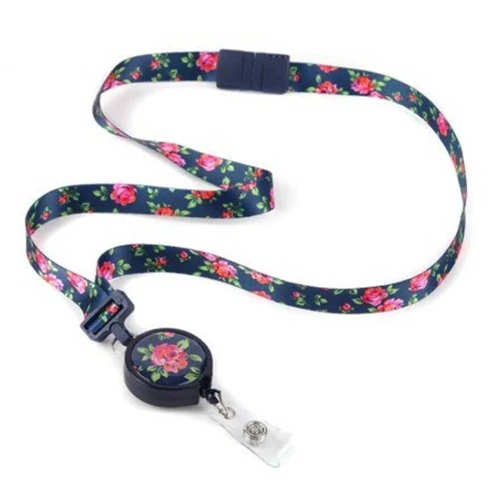 No Brand Blossoms Ribbon Lanyard OS Navy Blue New Floral Retractable Badge Reel